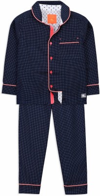 Cherry Crumble Boys & Girls Polka Print Dark Blue Shirt & Pyjama set