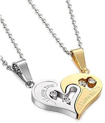 Heer Collection Valentine Lover Couple Love Heart 2 Piece Joining Couple Pandent Necklace Chain Cubic Zirconia Copper Pendant Set