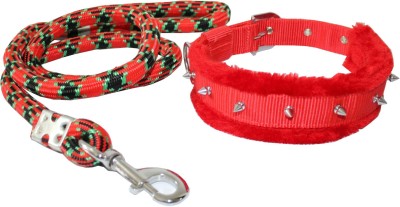 Petshop7 Premium QualityFur Padded Nylon Spiked Dog Collar & Leash Rope (Neck Girth Size - 17-21inch) Dog Collar & Leash(Medium, Red)