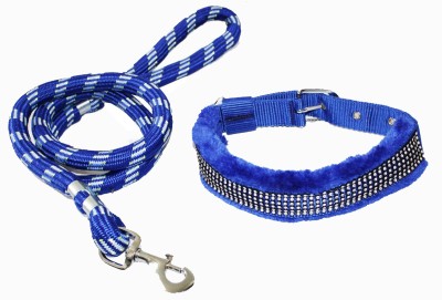 Petshop7 Premium QualityFur Padded Nylon Diamond Dog Collar & Leash Rope (Neck Girth Size - 17-21inch) Dog Collar & Leash(Large, Blue)