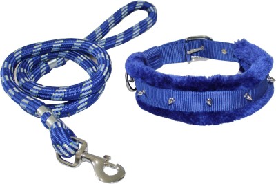 Petshop7 Premium QualityFur Padded Nylon Spiked Dog Collar & Leash Rope (Neck Girth Size - 17-21inch) Dog Collar & Leash(Large, Blue)