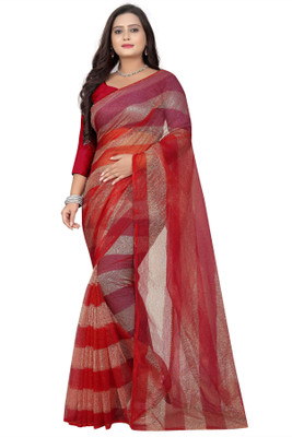 Aruna Sarees Striped Daily Wear Net Saree(Red, Gold)