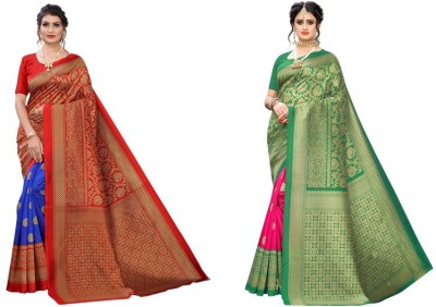 Fabwomen Printed Mysore Art Silk Saree(Pack of 2, Red, Green)