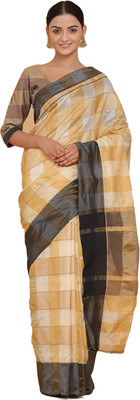 Leeza Store Checkered Chettinadu Cotton Blend Saree(Beige)