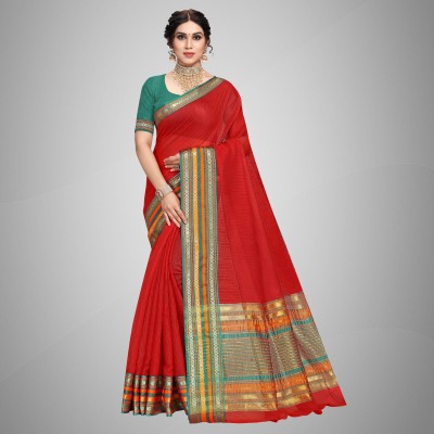 Sidhidata Striped Kota Doria Cotton Silk Saree(Red)