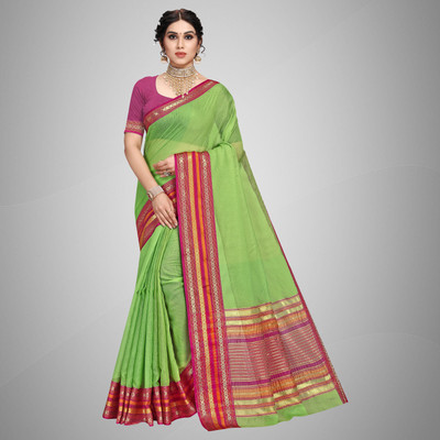 Sidhidata Striped Kota Doria Cotton Silk Saree(Red, Light Green)