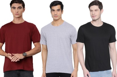 Organic Chics Solid Men Round Neck Maroon, Black, Grey T-Shirt