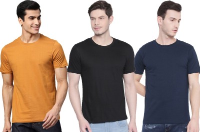 Organic Chics Solid Men Round Neck Dark Blue, Black, Yellow T-Shirt