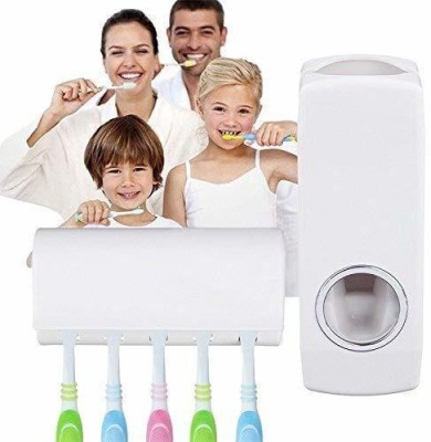 SE IMAGINE Automatic Toothpaste Dispenser and 5 Toothbrush Holder for Home Bathroom Set Plastic Toothbrush Holder(White, Wall Mount)