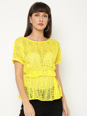 CHKOKKO Casual Half Sleeve Striped Women Yellow Top