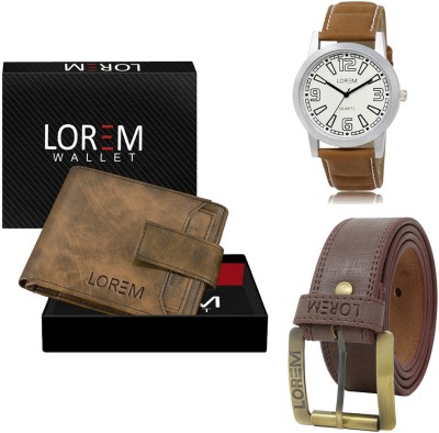 LOREM Combo Of Artificial Leather Belt-Wallet & Analog Watch  - For Men