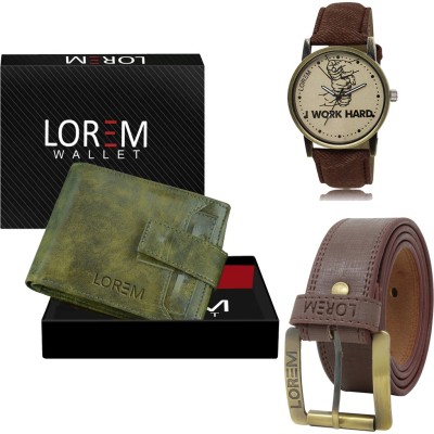 LOREM Combo Of Artificial Leather Belt-Wallet & Analog Watch  - For Men