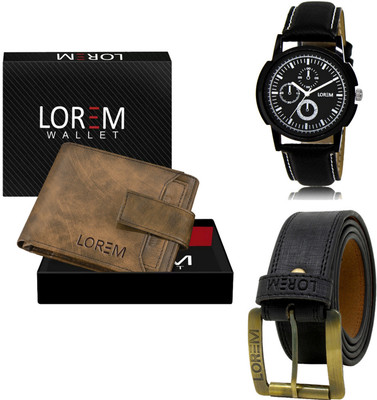 LOREM Combo Of Artificial Leather Belt-Wallet & Analog Watch  - For Men