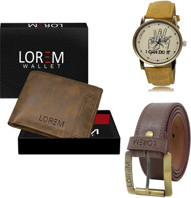 LOREM Combo Of Artificial Leather Belt-Wallet & Analog Watch  - For Men