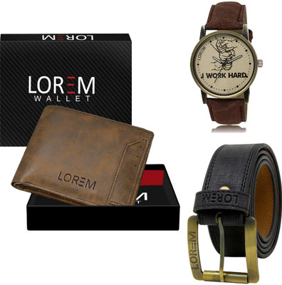 LOREM Combo Of Artificial Leather Belt-Wallet & Analog Watch  - For Men