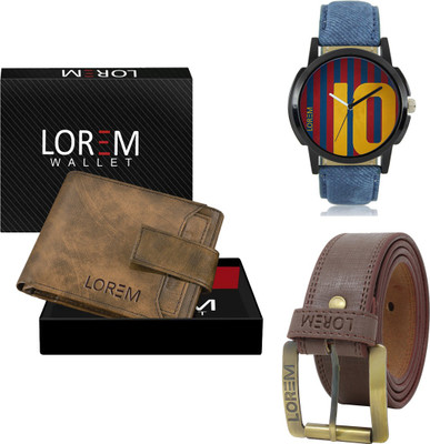 LOREM Combo Of Artificial Leather Belt-Wallet & Analog Watch  - For Men