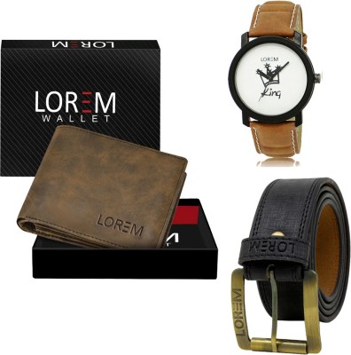 LOREM Combo Of Artificial Leather Belt-Wallet & Analog Watch  - For Men