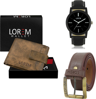 LOREM Combo Of Artificial Leather Belt-Wallet & Analog Watch  - For Men