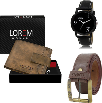 LOREM Combo Of Artificial Leather Belt-Wallet & Analog Watch  - For Men