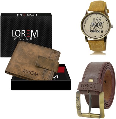 LOREM Combo Of Artificial Leather Belt-Wallet & Analog Watch  - For Men