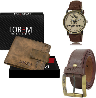LOREM Combo Of Artificial Leather Belt-Wallet & Analog Watch  - For Men