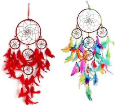 lucky dream crafts lucky Dream Catcher Traditional Indian wall Art for Bedrooms, Home Wall, Hanging Design red and multicolor pack of 2 75 cm Feather Dream Catcher (70 inch Feather, Steel, Wood Windchime(22 inch, Multicolor)