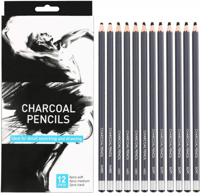 PEACORA 12Pcs Soft Medium Hard Charcoal Pencil Drawing Set for Drawing,Sketching,Shading