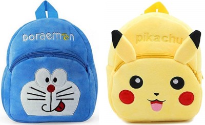 AK INTER Kids School Bag Soft Plush Backpack Cartoon doraemon & Pikachu 10 L Backpack(Yellow, Blue)