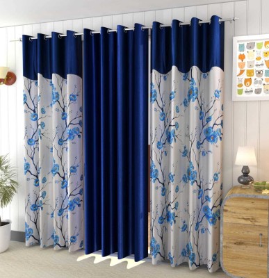 Palaktextile 153 cm (5 ft) Polyester Semi Transparent Window Curtain (Pack Of 3)(Floral, Blue)