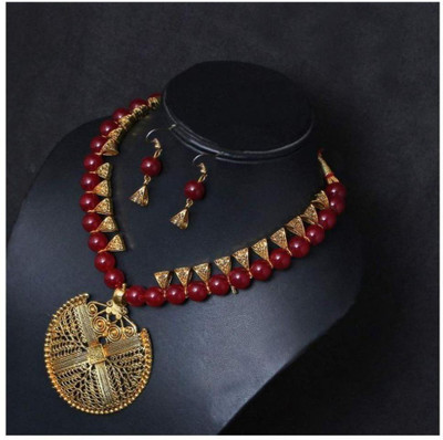 sunhari jewels Alloy Gold-plated Maroon Jewellery Set(Pack of 1)