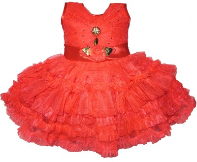 Kids Wear Fashion Baby Girls Midi/Knee Length Festive/Wedding Dress(Red, Sleeveless)