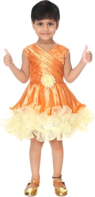 ZIORA Indi Girls Midi/Knee Length Party Dress(Orange, Sleeveless)