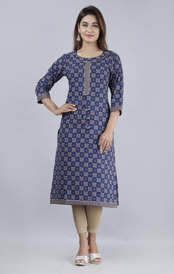 Lee Moda Women Printed Straight Kurta(Blue)