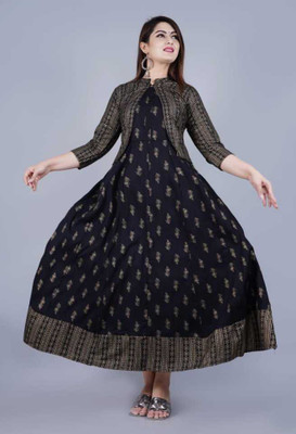 Roji Textile Women Geometric Print Flared Kurta(Black)
