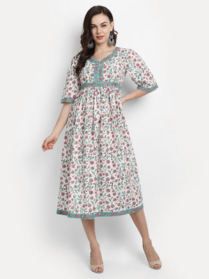githaan Women Printed Flared Kurta(White)