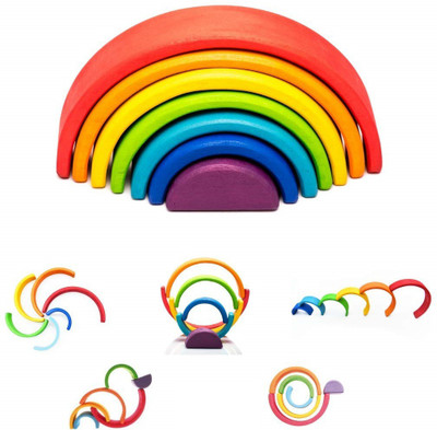 DgCrayons 7 PC Rainbow Stacker Toy 7 Piece Wooden Stacking Toy Round Stacking Wooden Block(Multicolor)