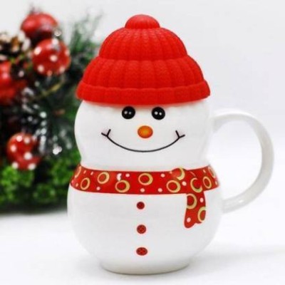 GREATZON ENTERPRISE Ceramic Snowman Cup/Mug with Silicon Lid Ceramic Coffee (300 ml) Ceramic Coffee (300 ml) Glass Coffee Mug(300 ml)