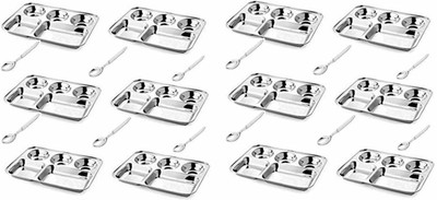 Sonanshi Stainless Steel Lunch/Dinner Plate/Bhojanthali 5 Compartments with Spoon Dinner Plate(Pack of 12, Microwave Safe)