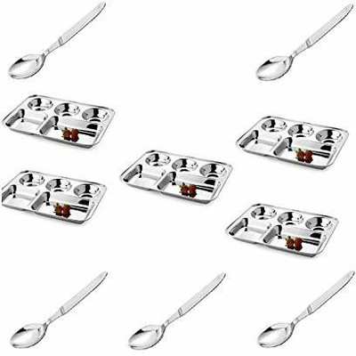 Sonanshi Stainless Steel Lunch/Dinner Plate/Bhojanthali 5 Compartments with Spoon Dinner Plate(Pack of 5, Microwave Safe)
