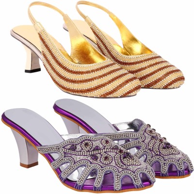 Zionk Women Heels(Purple, Gold , 12)