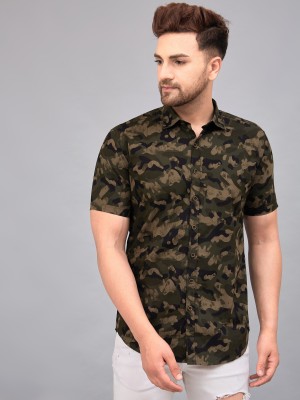 Le Mec Men Military Camouflage Casual Green Shirt