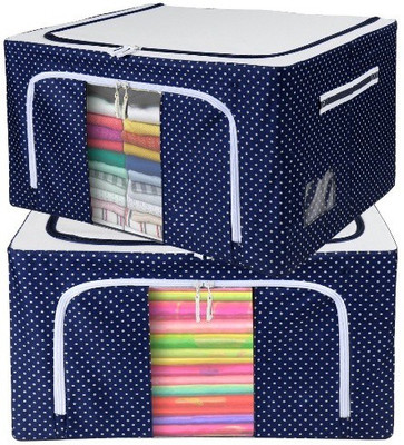 Innovegic Cloth Organizer Fabric Foldable Box Steel Frame Collapsible Wardrobe Storage Organizer Bag for Blanket Quilt Clothes Kids Dress Garment Shirt Saree - 100L Storage Box(Blue, White)