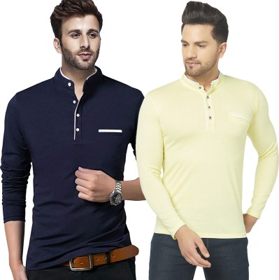 Tivy Solid Men Henley Neck Dark Blue, Yellow T-Shirt