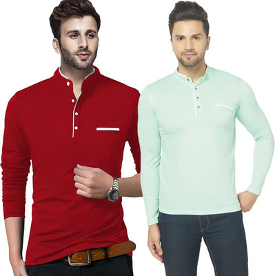 Jangoboy Solid Men Henley Neck Red, Light Green T-Shirt