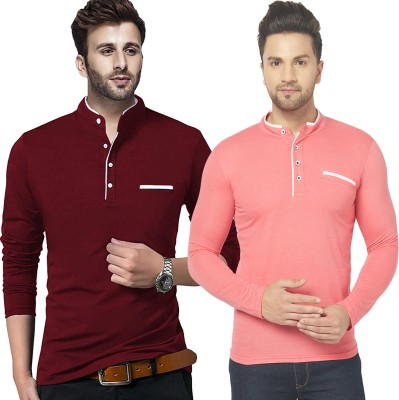 Jangoboy Solid Men Henley Neck Red, Maroon T-Shirt