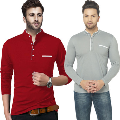 Jangoboy Solid Men Henley Neck Red, Grey T-Shirt