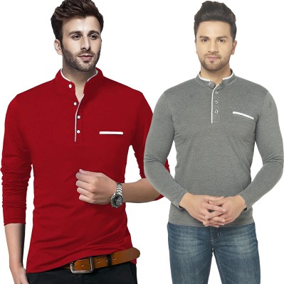 Jangoboy Solid Men Henley Neck Red, Grey T-Shirt