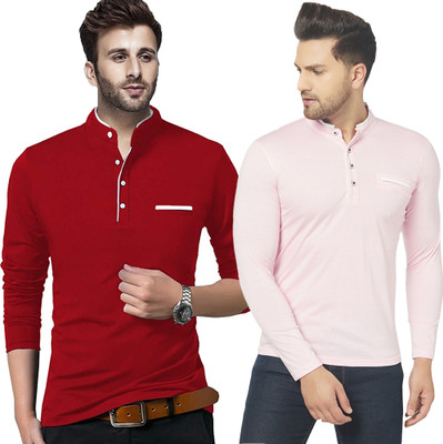 Jangoboy Solid Men Henley Neck Red, Pink T-Shirt