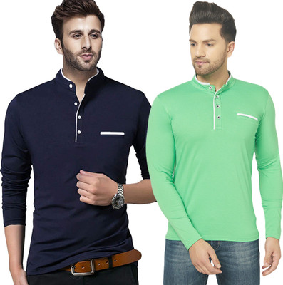 Adorbs Solid Men Henley Neck Dark Blue, Light Green T-Shirt