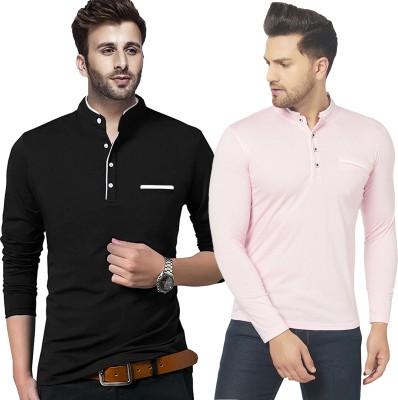 Jangoboy Solid Men Henley Neck Black, Pink T-Shirt